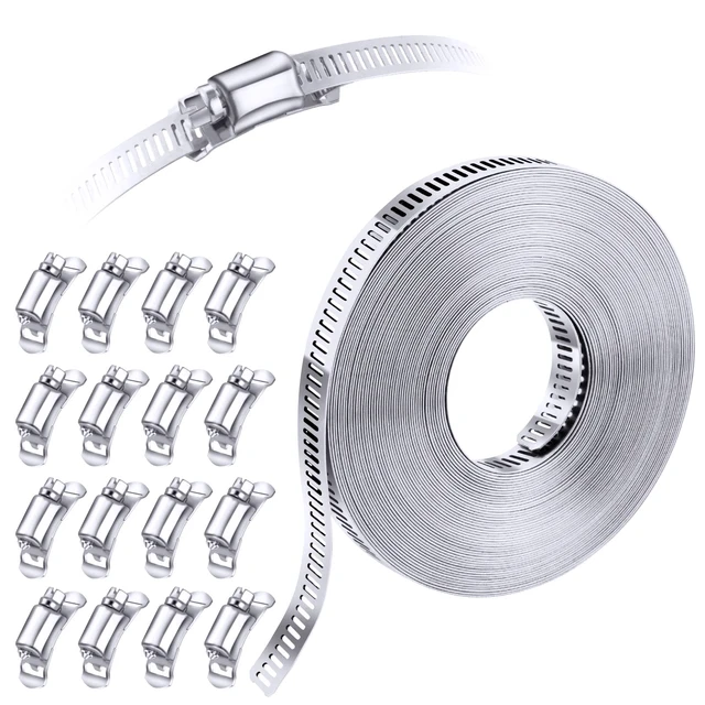 Alt view image 6 of 7 - Stainless Steel Worm Gear Hose Clamp Assortment Kit, Cut-To-Fit DIY 35FT Strap+16 Fasteners, Large Adjustable Band Clamps Strapping for Pole Mount, HVAC Duct Pipe, Muffler, Segmented Rings