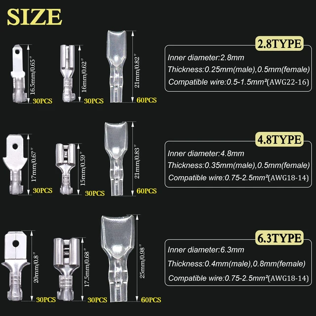Alt view image 4 of 6 - /360Pcs 2.8/4.8/6.3mm Quick Splice Male and Female Wire Spade Connector Crimp Terminal Block Assortment Kit with Insulating Sleeve for Electrical Wiring Car Audio Speaker with Crimping Pliers