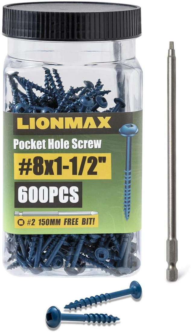 Main image of Pocket Hole Screws #8 x 1-1/2 Inch, 600PCS Exterior Pocket Screws Rust Resistant Blue Coated, Coarse Thread, Square Drive, Washer Head, for Outdoor Use, Self Tapping, 150MM Drive Bit Included