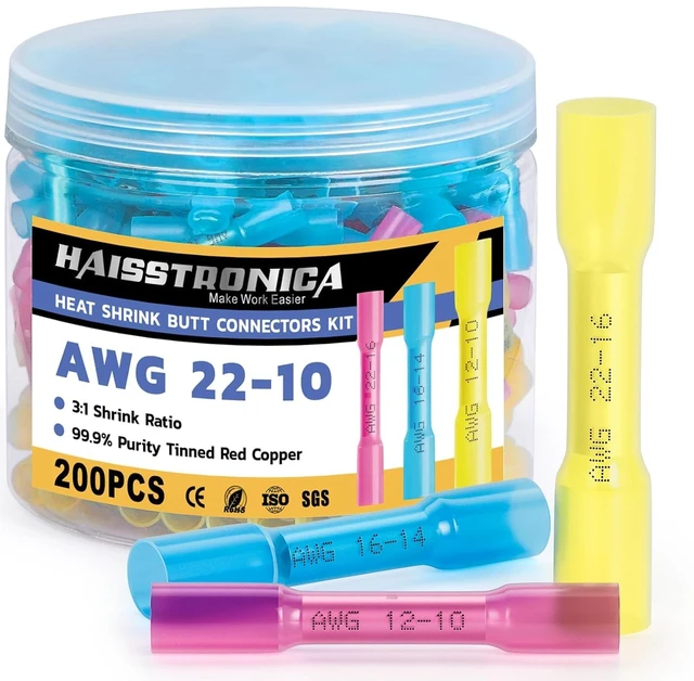 Main image of 200PCS Heat Shrink Butt Connectors, 22-10 AWG Mixed Sizes 3:1 adhesive-lined heat shrink, built-in wire stop, 3 colors, 3 sizes for marine, automotive, and trailer wiring