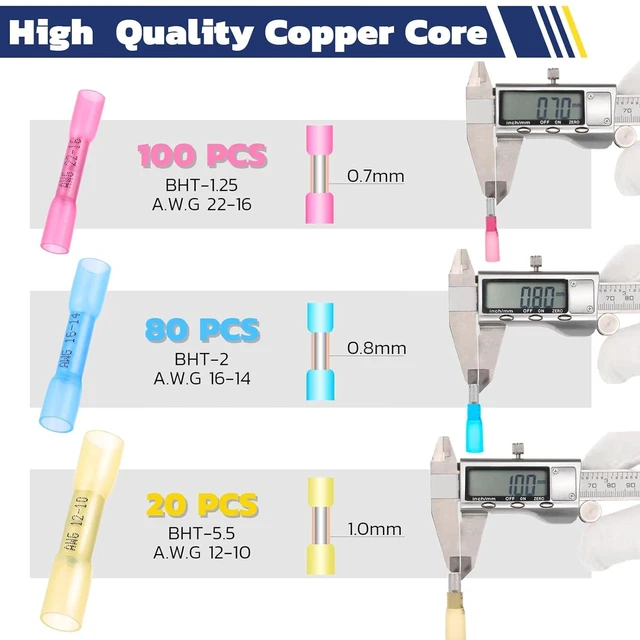 Alt view image 5 of 7 - 200PCS Heat Shrink Butt Connectors, 22-10 AWG Mixed Sizes 3:1 adhesive-lined heat shrink, built-in wire stop, 3 colors, 3 sizes for marine, automotive, and trailer wiring