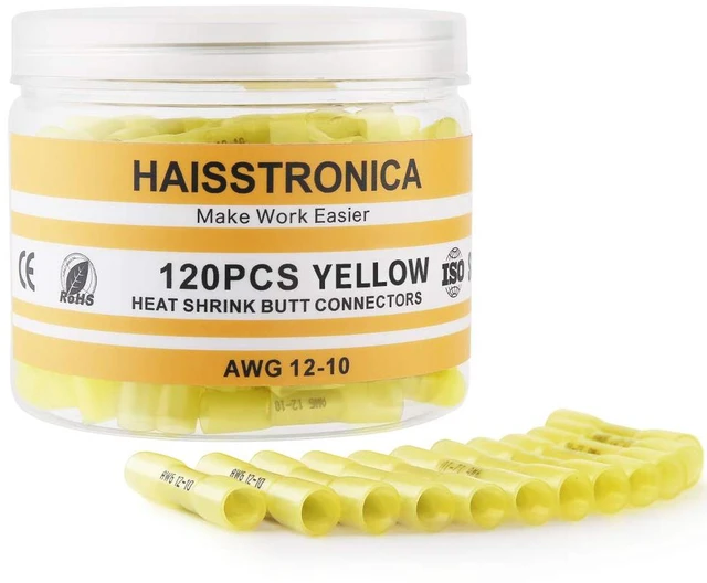 Main image of 120PCS Heat Shrink Butt Connectors, 12-10 AWG Yellow 3:1 adhesive-lined heat shrink, built-in wire stop, single-size pack for automotive, trailer, and stereo wiring
