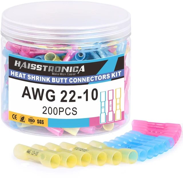 Alt view image 7 of 7 - 200PCS Heat Shrink Butt Connectors, 22-10 AWG Mixed Sizes 3:1 adhesive-lined heat shrink, built-in wire stop, 3 colors, 3 sizes for marine, automotive, and trailer wiring