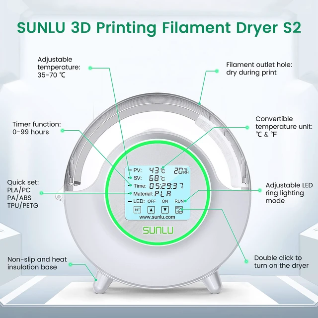 Alt view image 5 of 7 - Official Filament Dryer S2 Plus, 70 Max Temperature, Built-in Circulation Fan, 3D Printer Filament Storage Box Filament Dehydrator, Nylon TPU PLA PETG ABS 3D Printer Filament Dryer Box, White