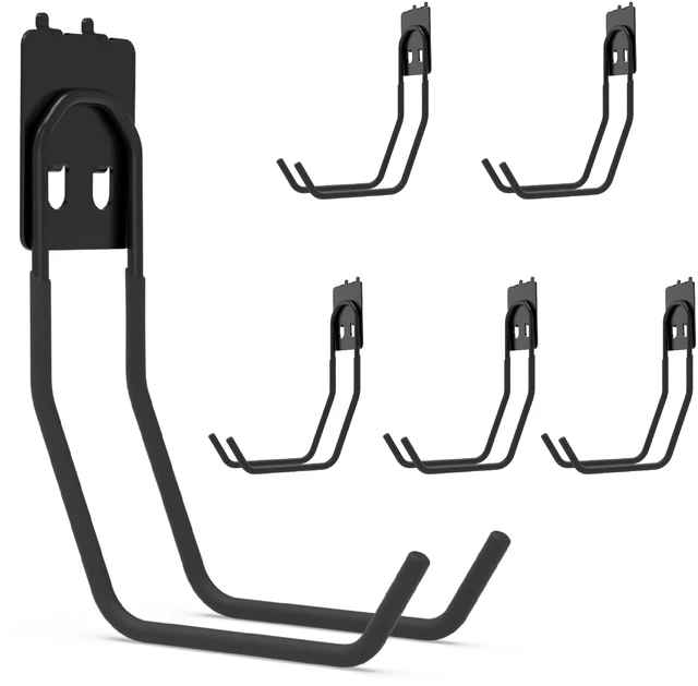 Main image of 6 Pack Large Double Arm Pegboard Hooks for 1/4 Inch Pegboard Tool Holders with 66 lb Capacity for Leaf Blower, Weed Eater, Pipes, Hoses, Ladders, Garage and Workshop