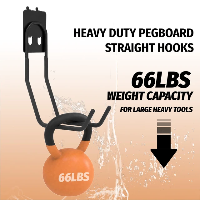 Alt view image 3 of 7 - 6 Pack Large Double Arm Pegboard Hooks for 1/4 Inch Pegboard Tool Holders with 66 lb Capacity for Leaf Blower, Weed Eater, Pipes, Hoses, Ladders, Garage and Workshop