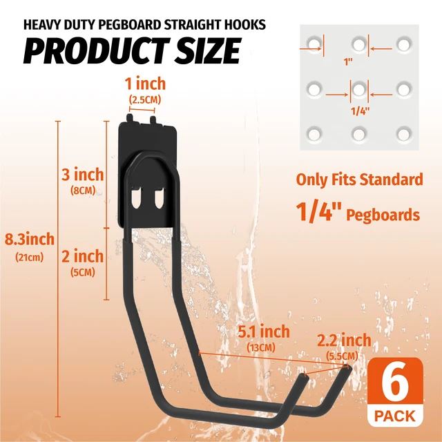 Alt view image 5 of 7 - 6 Pack Large Double Arm Pegboard Hooks for 1/4 Inch Pegboard Tool Holders with 66 lb Capacity for Leaf Blower, Weed Eater, Pipes, Hoses, Ladders, Garage and Workshop