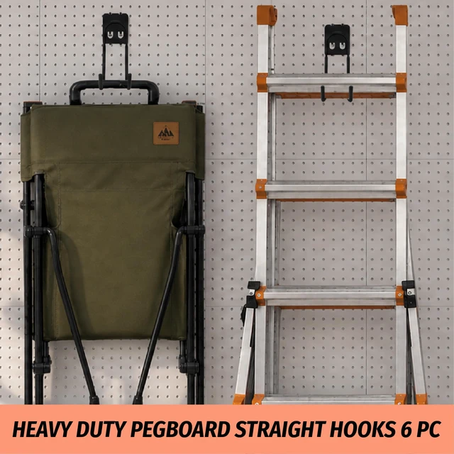 Alt view image 6 of 7 - 6 Pack Large Double Arm Pegboard Hooks for 1/4 Inch Pegboard Tool Holders with 66 lb Capacity for Leaf Blower, Weed Eater, Pipes, Hoses, Ladders, Garage and Workshop