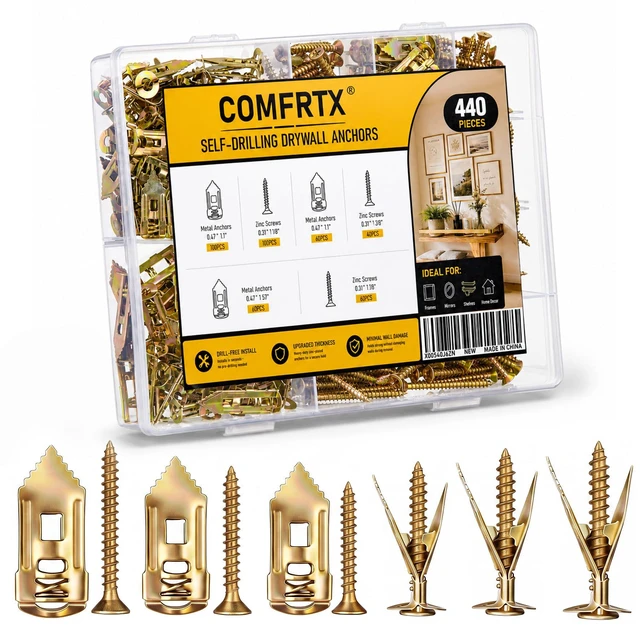 Main image of 440PCS 3 Sizes Self Drilling Drywall Anchors with Screws Kit Heavy Duty Metal Expansion Sheetrock Anchors & Drywall Grip Anchors for Shelves, Mirrors, Curtain Rods & Picture Frames