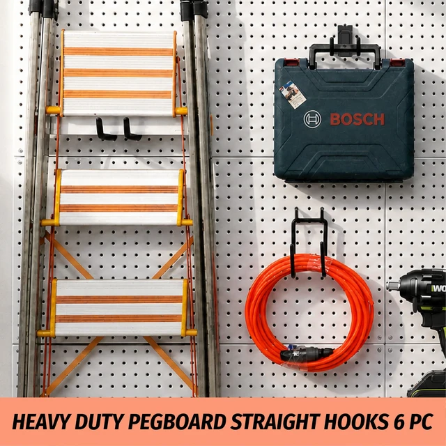 Alt view image 7 of 7 - 6 Pack Large Double Arm Pegboard Hooks for 1/4 Inch Pegboard Tool Holders with 66 lb Capacity for Leaf Blower, Weed Eater, Pipes, Hoses, Ladders, Garage and Workshop