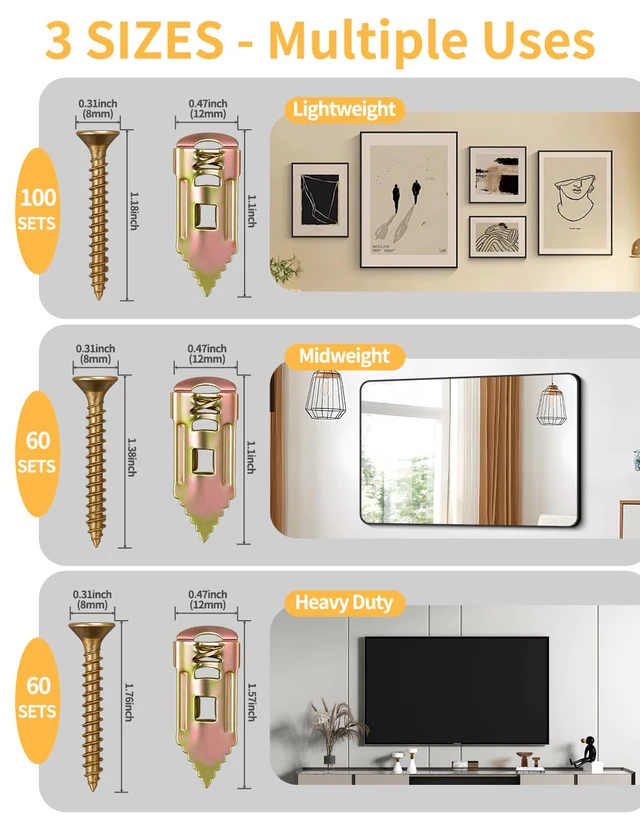 Alt view image 2 of 7 - 440PCS 3 Sizes Self Drilling Drywall Anchors with Screws Kit Heavy Duty Metal Expansion Sheetrock Anchors & Drywall Grip Anchors for Shelves, Mirrors, Curtain Rods & Picture Frames