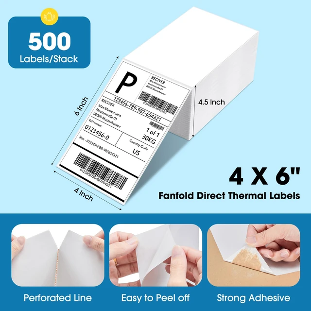 Alt view image 2 of 7 - Thermal Labels 4x6 500 Labels Fanfold Direct Shipping Label with Perforated and Strong Adhesive Mailing Stickers Paper Thermal Printer Sticker for Most Printer Shipping Supplies
