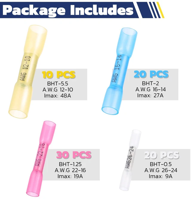 Alt view image 6 of 7 - 80PCS Heat Shrink Butt Connectors, 26-10 AWG 3:1 adhesive-lined heat shrink, built-in wire stop, 4 color-coded sizes for marine, automotive, and trailer wiring