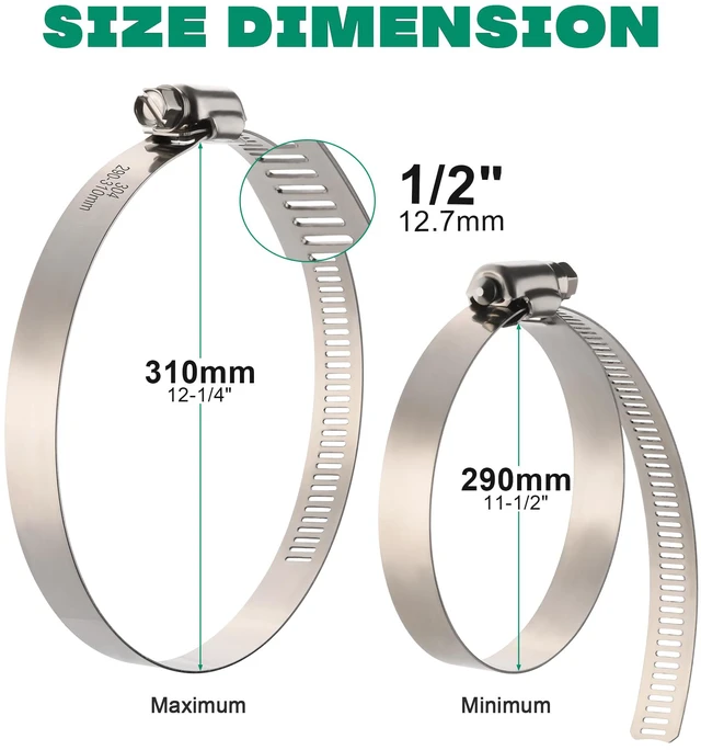 Alt view image 2 of 7 - 12 Inch Hose Clamps, Adjustable 11-1/2"-12-1/4"(290-310mm), 10 PCS 304 Stainless Steel, Rust Resistant, Large Worm Gear Hose Clamp, Automotive, Radiator Hose, Fuel Line, Air Ducting