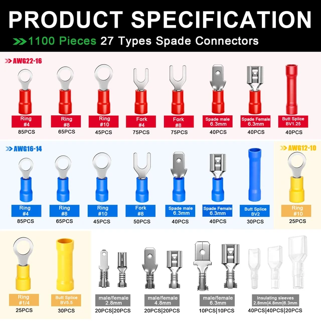 Alt view image 5 of 7 - /1100pcs Wire Connectors Kit,Insulated Electrical Wire Terminals,Waterproof Crimp Connector kit Includes Spade Fork Ring Bullet Insulated Connectors Wire connectors and Wire Crimper Tool