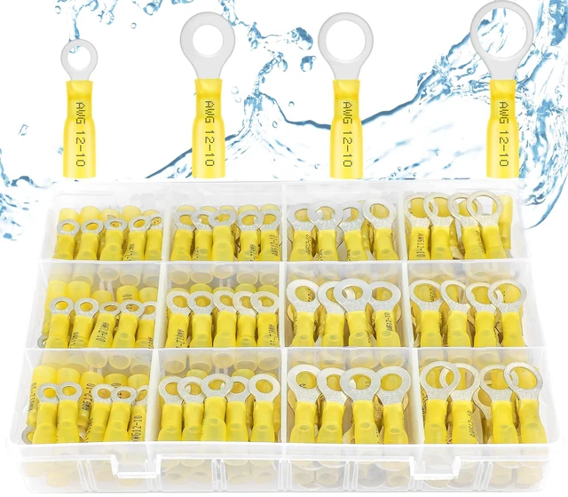 Main image of 100PCS Heat Shrink Ring Terminals, 12-10 AWG, Yellow 4 Sizes Battery and Ground Stud Connections, Fuse Block, Battery Charger and Trailer Wiring, Heat Shrink Wire Connectors