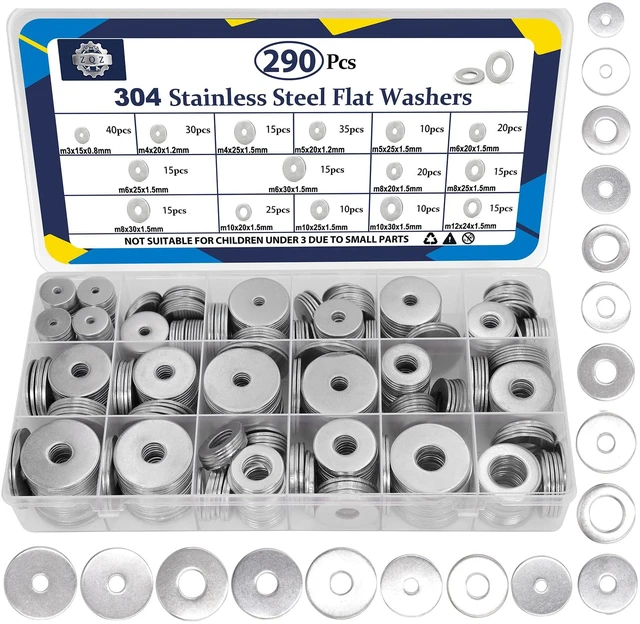 Main image of 290Pcs Stainless Steel Flat Washers Assortment Kit;Fender Washer M3-M12 M3 M4 M5 M6 M8 M10 M12 Hardware Washers, 15 Sizes Metric 304SS Assorted Washers, Metal Washers for Screws and Bolts