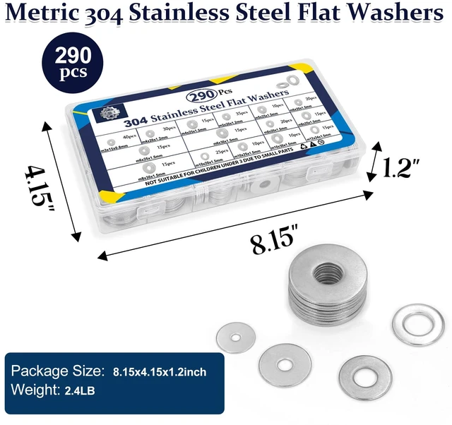Alt view image 7 of 7 - 290Pcs Stainless Steel Flat Washers Assortment Kit;Fender Washer M3-M12 M3 M4 M5 M6 M8 M10 M12 Hardware Washers, 15 Sizes Metric 304SS Assorted Washers, Metal Washers for Screws and Bolts