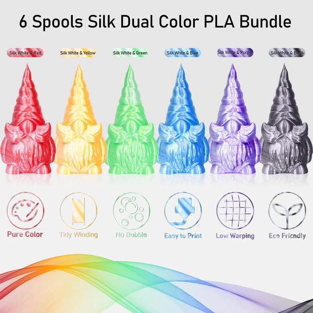 Alt view image 3 of 5 - Dual Color 1.75mm 3D Printer Filament Bundle, 3D Printing Silk PLA 6 Spools Pack, Silk White Purple,White Blue,White Orange,WhiteBlack, WhiteGreen, WhiteRed,3D Printing PLA 250g X 6 Spools
