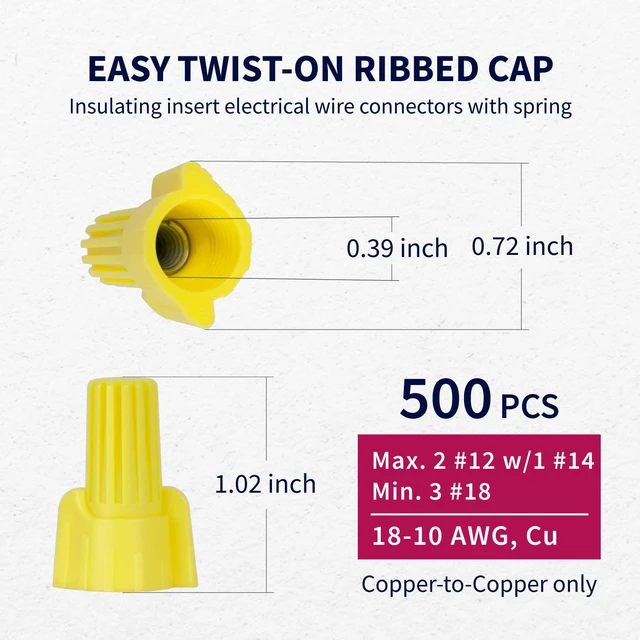 Alt view image 2 of 7 - 1000PCS Yellow Winged Wire Nuts 18-10 AWG UL486C Listed 600V/1000V Bulk No pre-twisting needed; PP shell and spring insert for home and pro electrical work, panels, fixtures, and outlets