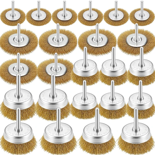 Main image of 24 Pcs Brass Wire Brush for Drills, Cup & Flat Crimped Wheel Sets Sturdy Brass-Plated Carbon Steel Wires, 1/4-Inch Round Shank Attachment for Rust & Paint Cleaning, Polishing Metal Surfaces