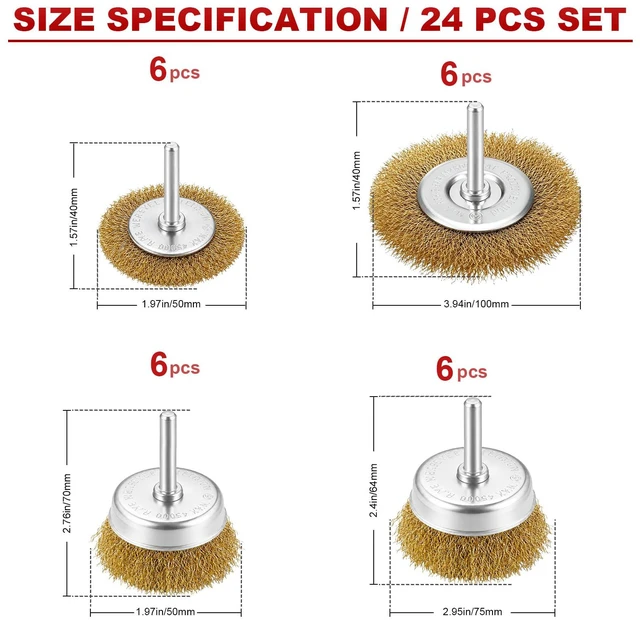 Alt view image 2 of 7 - 24 Pcs Brass Wire Brush for Drills, Cup & Flat Crimped Wheel Sets Sturdy Brass-Plated Carbon Steel Wires, 1/4-Inch Round Shank Attachment for Rust & Paint Cleaning, Polishing Metal Surfaces