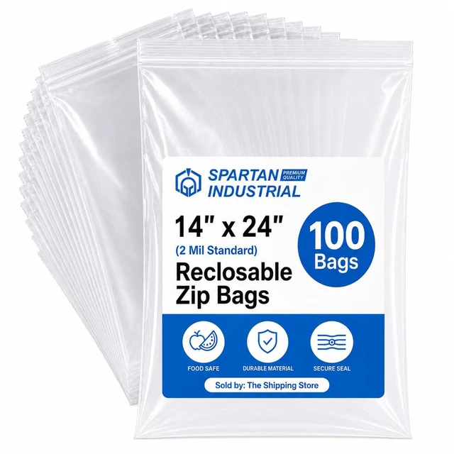 Main image of 14 X 24 (100 Count) 2 Mil Clear Reclosable Zip Plastic Poly Bags with Resealable Lock Seal Zipper