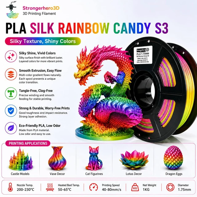 Alt view image 2 of 7 - PLA 3D Printer Filament,Candy Silk Rainbow S3,Glossy Multi Color PLA Filament 1.75mm,Net Weight 1kg(2.2lbs) Accuracy +/-0.05mm