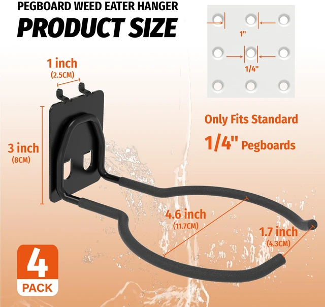 Alt view image 2 of 7 - 4 Pack Ring Style Pegboard Weed Eater Hanger for 1/4 Inch Boards Tool Hooks with 66 lb Capacity for String Trimmers, Leaf Blowers, Vacuums, Hoses and Garden Tools