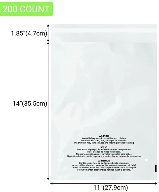 Alt view image 2 of 7 - 200 Count 11x14 Inch Self Seal Clear Poly Bags with Suffocation Warning for Packaging Clothing, T Shirts, Decorative Wrappers and More with Permanent Adhesive(1.5mil)