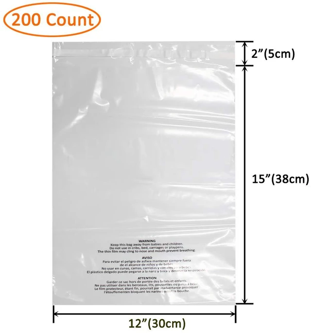 Alt view image 2 of 7 - 200 Count 12x15 Inch Self Seal Clear Poly Bags with Suffocation Warning for Packaging Clothing, T Shirts, Decorative Wrappers and More with Permanent Adhesive (1.5mil)