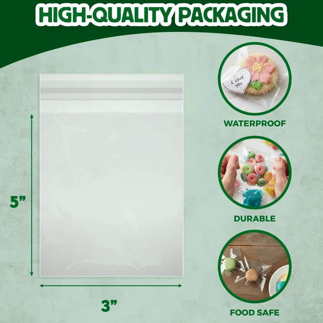Alt view image 3 of 6 - Self Sealing Cellophane Bags - 3" x 5" (1000 Count) - Clear Plastic Resealable Cello Bag - Cellophane Treat Bags, Cookie Bags for Packaging, Candy bags, Cello Bags, Pastry Bags