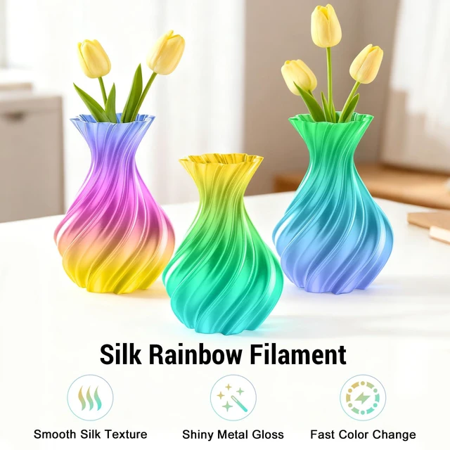Alt view image 2 of 7 - Silk Rainbow PLA 3D Printer Filament for Beginners, 1.75mm/±0.02mm 1Kg Shiny Gradient Rainbow, Compatible with FLASHFORGE, Bambu, Creality, Vacuum-Seale Neatly Wound for DIY