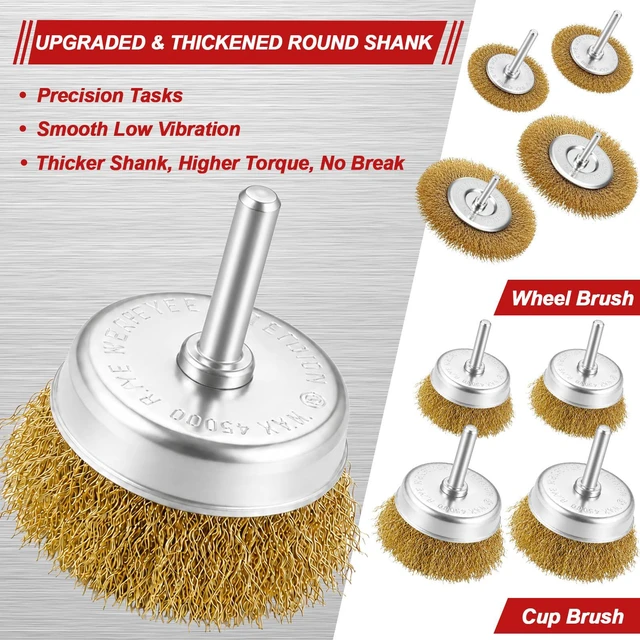 Alt view image 6 of 7 - 24 Pcs Brass Wire Brush for Drills, Cup & Flat Crimped Wheel Sets Sturdy Brass-Plated Carbon Steel Wires, 1/4-Inch Round Shank Attachment for Rust & Paint Cleaning, Polishing Metal Surfaces
