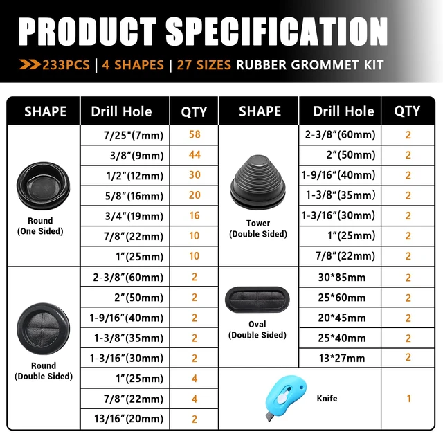 Alt view image 2 of 7 - 233PCS Rubber Grommet Kit 27 Sizes (7/25"-2-3/8") Tower/Oval/Round Firewall Grommet Wire Grommet Double Sided Rubber Hole Plug with Knife for Wire Protection