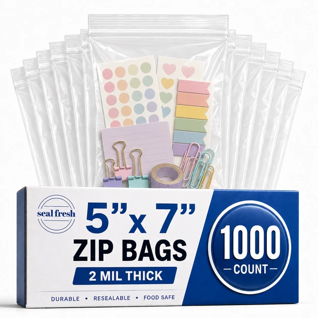 Main image of 5" x 7" (1000 Count) 2 Mil Clear Reclosable Zip Plastic Poly Bags 5x7 Bag Clear Reclosable Zipper for Treats, Crafts, Jewelry, Party Favors, Small Food Storage
