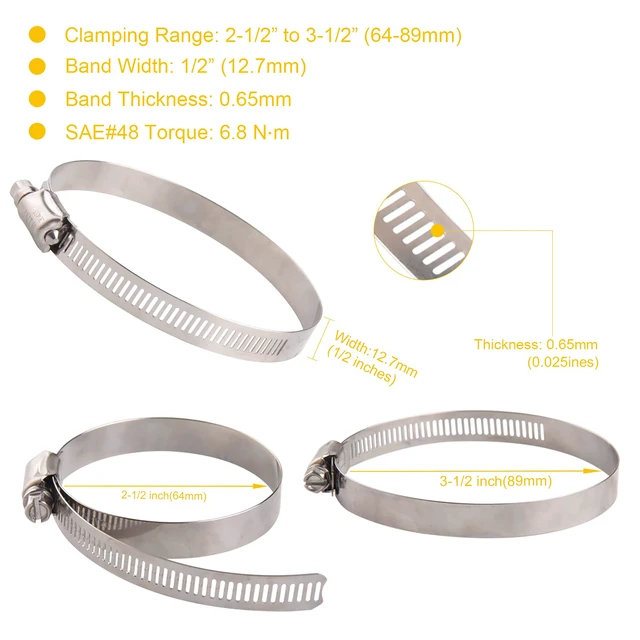 Alt view image 3 of 7 - 3 Inch Stainless Steel Hose Clamps- 10 Pack SAE 48 Worm Gear Drive Hose Clamps Clamping Range 2 1/2 Inch to 3 1/2 Inch (64mm-89mm) for Automotive Plumbing, 2 3/4'', 3 1/4''