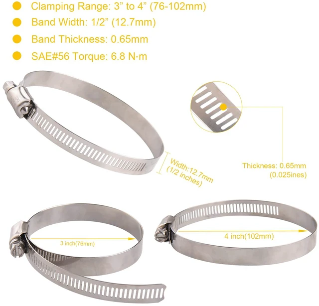 Alt view image 3 of 7 - 3.5'' Stainless Steel Hose Clamps- 8 Pack SAE 56 Worm Gear Drive Hose Clamps 3 Inch to 4 Inch (76mm-102mm) for Automotive Plumbing, 3 1/2'', 3 3/4, 3 1/4'' Clamps