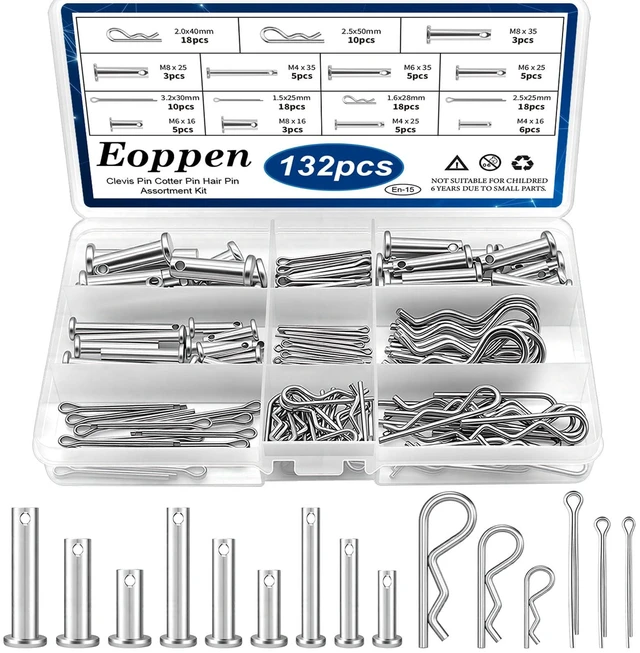 Main image of 132Pcs Clevis Pin Cotter Pin Hair Pin Assortment Kit - 304 Stainless Steel 15 Sizes Cotter Pin & R Clips Pin Zinc-Plated Single Hole Flat Head Clevis Pins