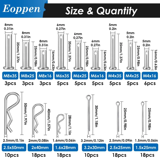Alt view image 2 of 6 - 132Pcs Clevis Pin Cotter Pin Hair Pin Assortment Kit - 304 Stainless Steel 15 Sizes Cotter Pin & R Clips Pin Zinc-Plated Single Hole Flat Head Clevis Pins