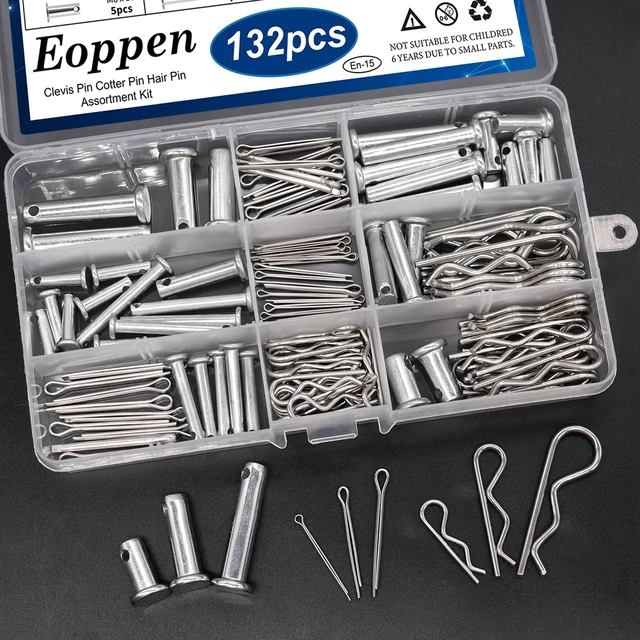 Alt view image 6 of 6 - 132Pcs Clevis Pin Cotter Pin Hair Pin Assortment Kit - 304 Stainless Steel 15 Sizes Cotter Pin & R Clips Pin Zinc-Plated Single Hole Flat Head Clevis Pins