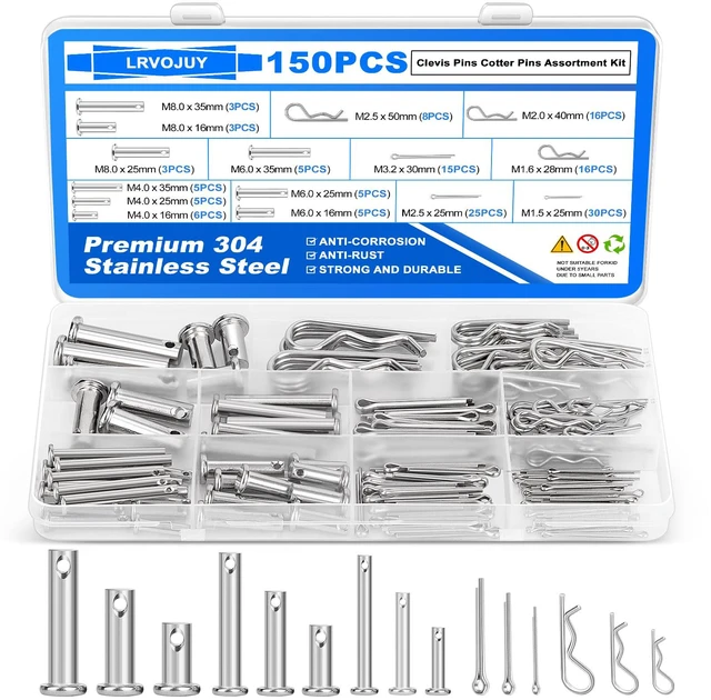 Main image of 150PCS Premium 304 Stainless Steel Clevis Pins Cotter Pins R Clips Assortment Kit, 15 Sizes Single Hole Flat Head Cotter Clips Fasteners for Trailer Hitch, Automotive, Machinery Use