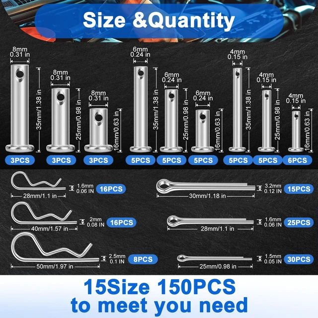 Alt view image 2 of 6 - 150PCS Premium 304 Stainless Steel Clevis Pins Cotter Pins R Clips Assortment Kit, 15 Sizes Single Hole Flat Head Cotter Clips Fasteners for Trailer Hitch, Automotive, Machinery Use