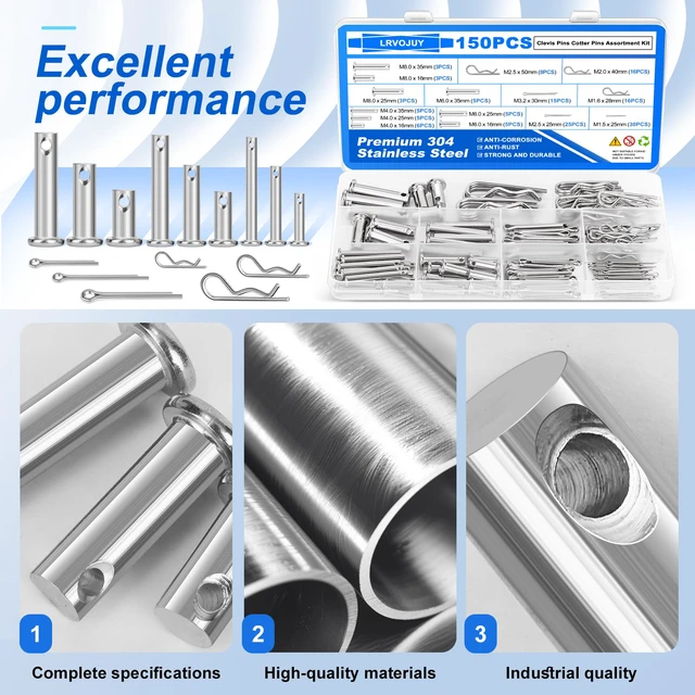 Alt view image 3 of 6 - 150PCS Premium 304 Stainless Steel Clevis Pins Cotter Pins R Clips Assortment Kit, 15 Sizes Single Hole Flat Head Cotter Clips Fasteners for Trailer Hitch, Automotive, Machinery Use