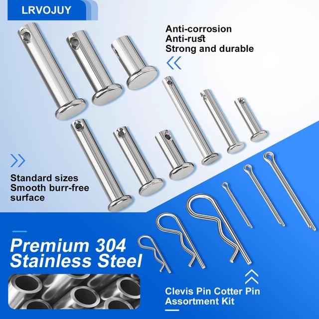 Alt view image 4 of 6 - 150PCS Premium 304 Stainless Steel Clevis Pins Cotter Pins R Clips Assortment Kit, 15 Sizes Single Hole Flat Head Cotter Clips Fasteners for Trailer Hitch, Automotive, Machinery Use