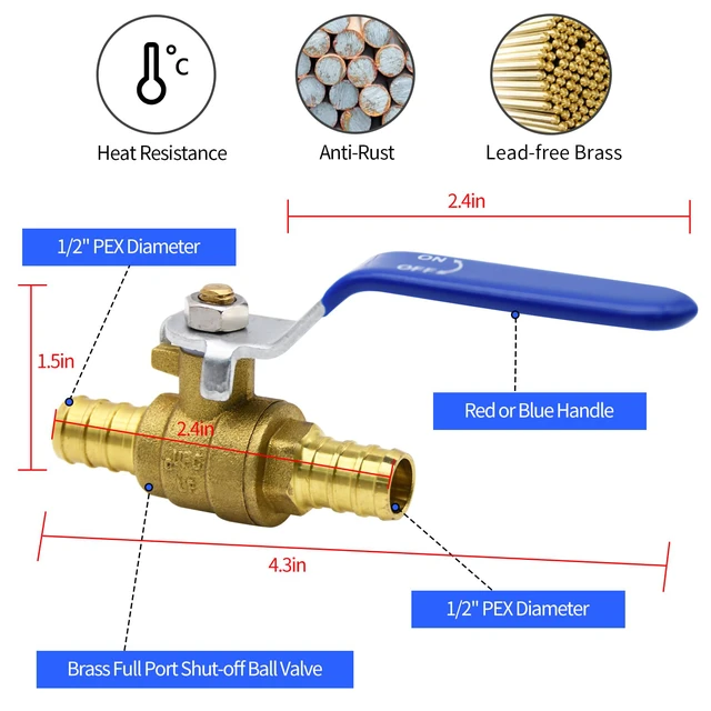 Alt view image 2 of 7 - 10pcs PEX Ball Valves, 1/2" PEX Brass Full Port Shut Off Ball Valve, Full Port Shut-off Ball Valve, Quarter Turn HOT (RED) COLD (BLUE) of Water Stop Shut off