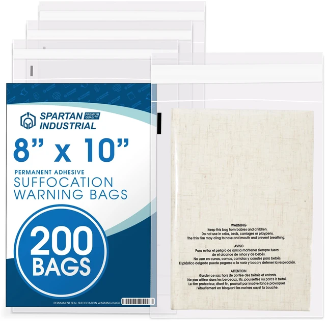 Main image of 8 X 10 (200 Count) Self Seal Clear Poly Bags with Suffocation Warning for Packaging, Clothing, and Fulfillment - Permanent Adhesive
