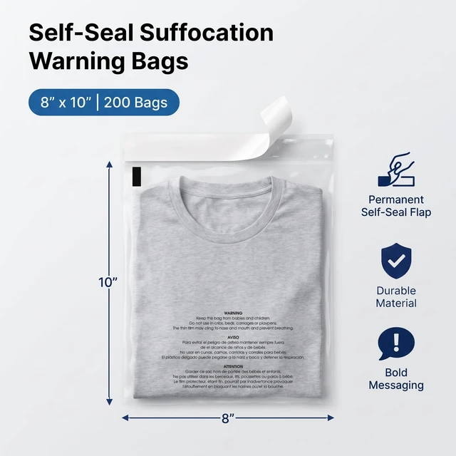 Alt view image 2 of 7 - 8 X 10 (200 Count) Self Seal Clear Poly Bags with Suffocation Warning for Packaging, Clothing, and Fulfillment - Permanent Adhesive