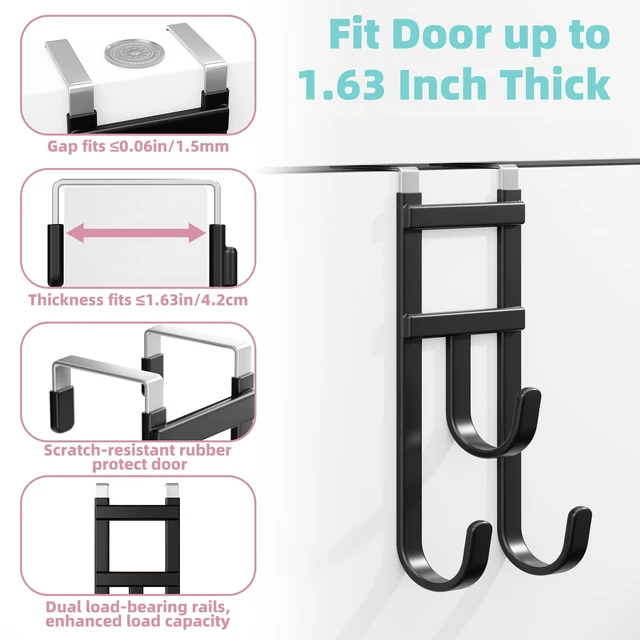 Alt view image 3 of 7 - 4 Pack Over-the-Door Hooks, No Installation Required, 100 Lb Heavy Duty with Anti-Scratch Rubber & Rust-Proof, Space-Saving Organizer for Coats, Towel & Bag, Bathroom, Bedroom, Kitchen, Office, Black
