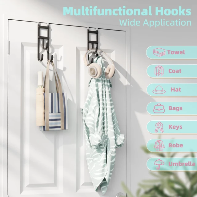Alt view image 4 of 7 - 4 Pack Over-the-Door Hooks, No Installation Required, 100 Lb Heavy Duty with Anti-Scratch Rubber & Rust-Proof, Space-Saving Organizer for Coats, Towel & Bag, Bathroom, Bedroom, Kitchen, Office, Black